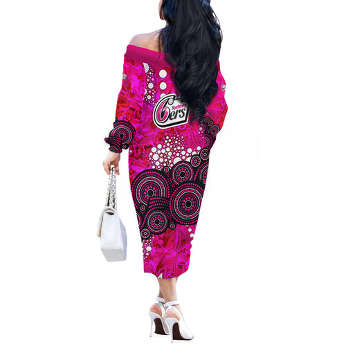 Sydney Sixers Off The Shoulder Long Sleeve Dress Graffiti Urban Aboriginal Dot Abstract Design