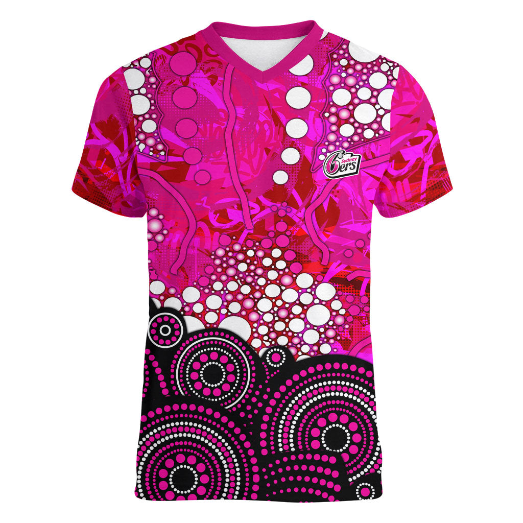 Sydney Sixers Women V-Neck T-Shirt Graffiti Urban Aboriginal Dot Abstract Design