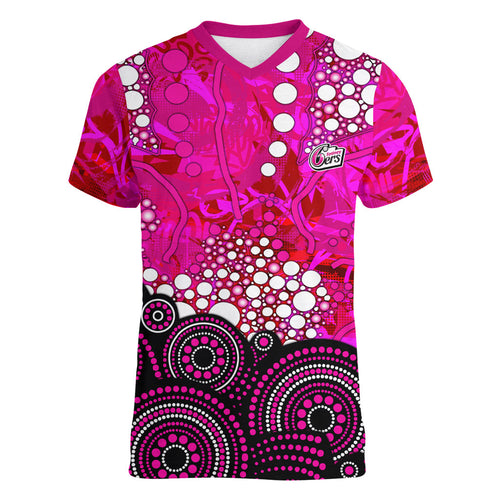 Sydney Sixers Women V-Neck T-Shirt Graffiti Urban Aboriginal Dot Abstract Design