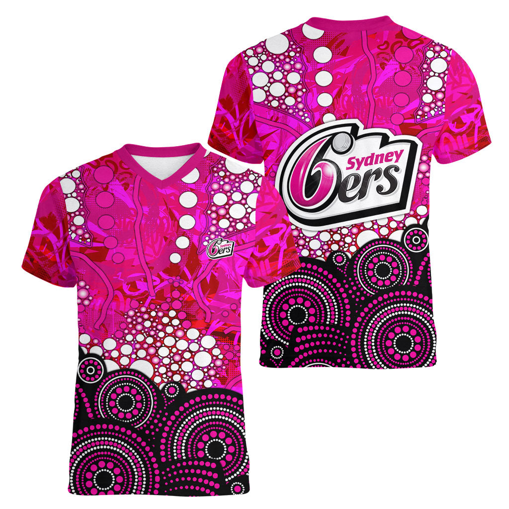 Sydney Sixers Women V-Neck T-Shirt Graffiti Urban Aboriginal Dot Abstract Design