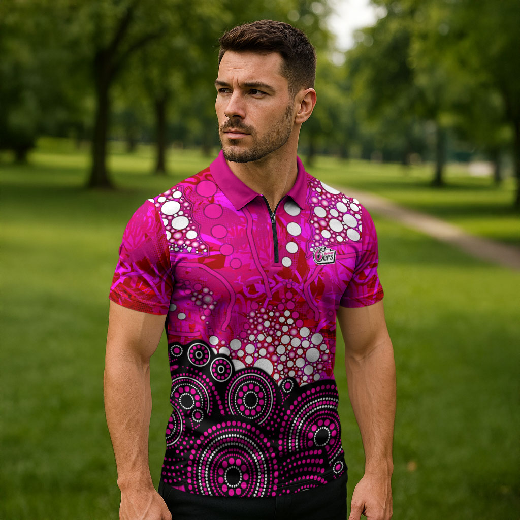 Sydney Sixers Zipper Polo Shirt Graffiti Urban Aboriginal Dot Abstract Design