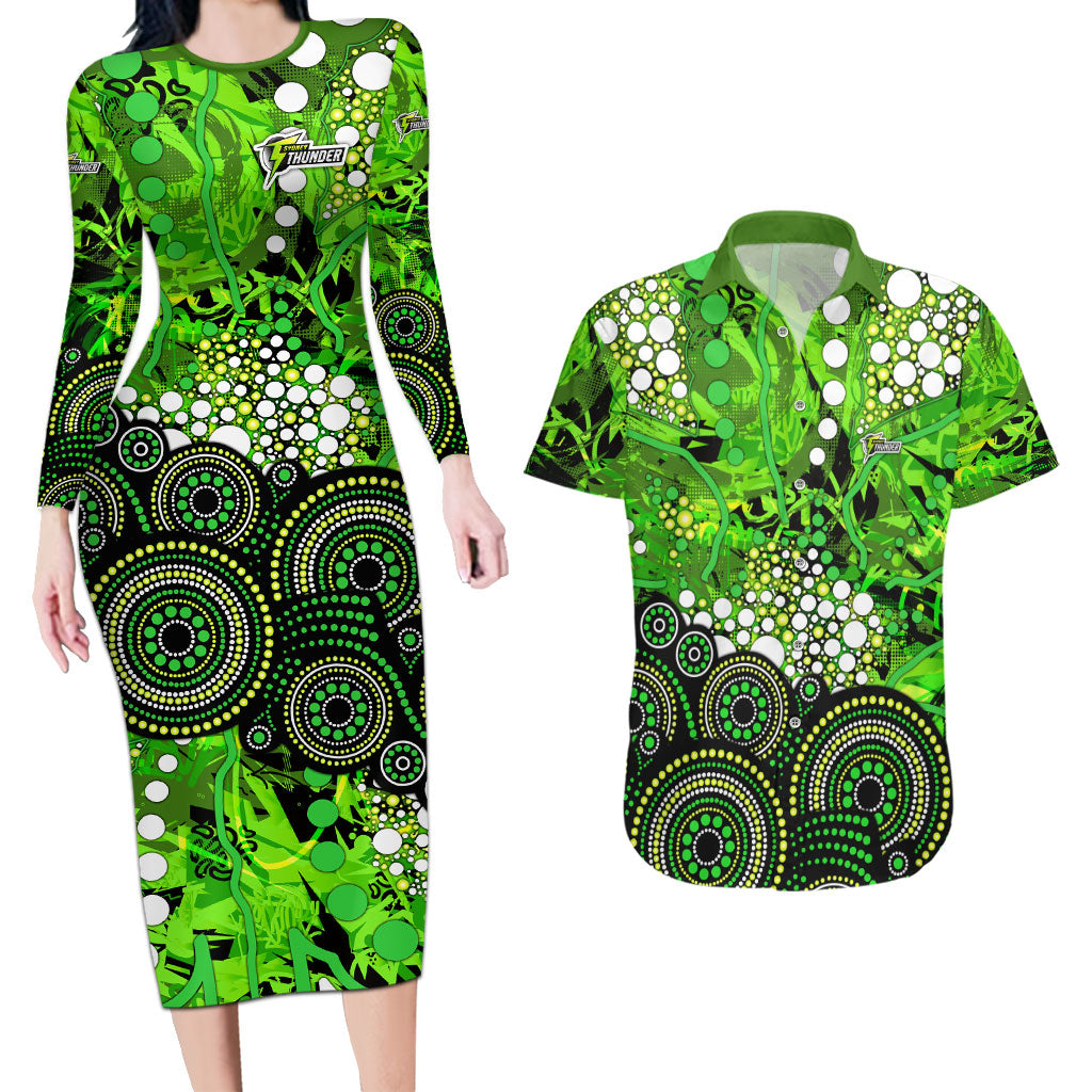 Sydney Thunder Couples Matching Long Sleeve Bodycon Dress and Hawaiian Shirt Graffiti Urban Aboriginal Dot Abstract Design