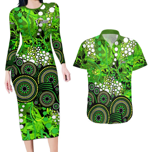 Sydney Thunder Couples Matching Long Sleeve Bodycon Dress and Hawaiian Shirt Graffiti Urban Aboriginal Dot Abstract Design