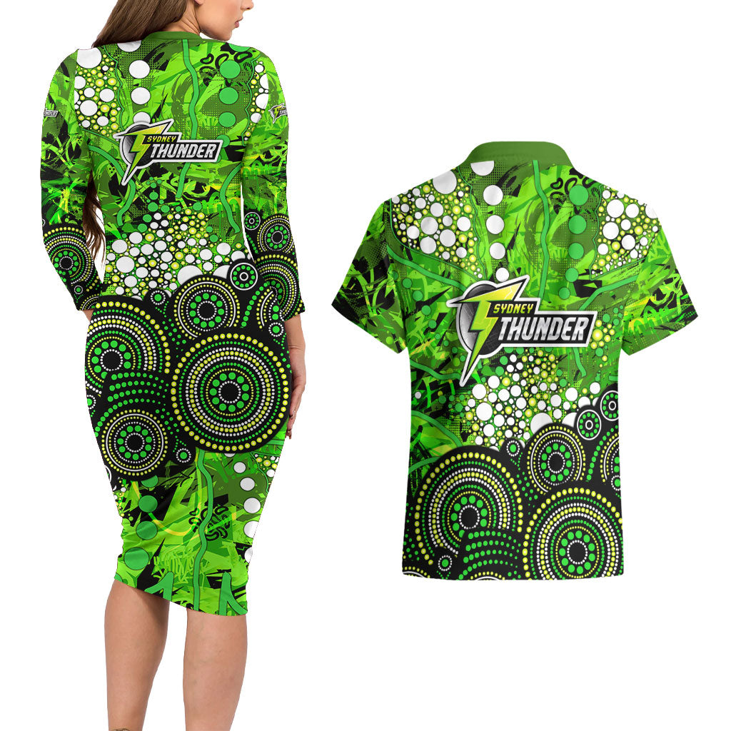 Sydney Thunder Couples Matching Long Sleeve Bodycon Dress and Hawaiian Shirt Graffiti Urban Aboriginal Dot Abstract Design