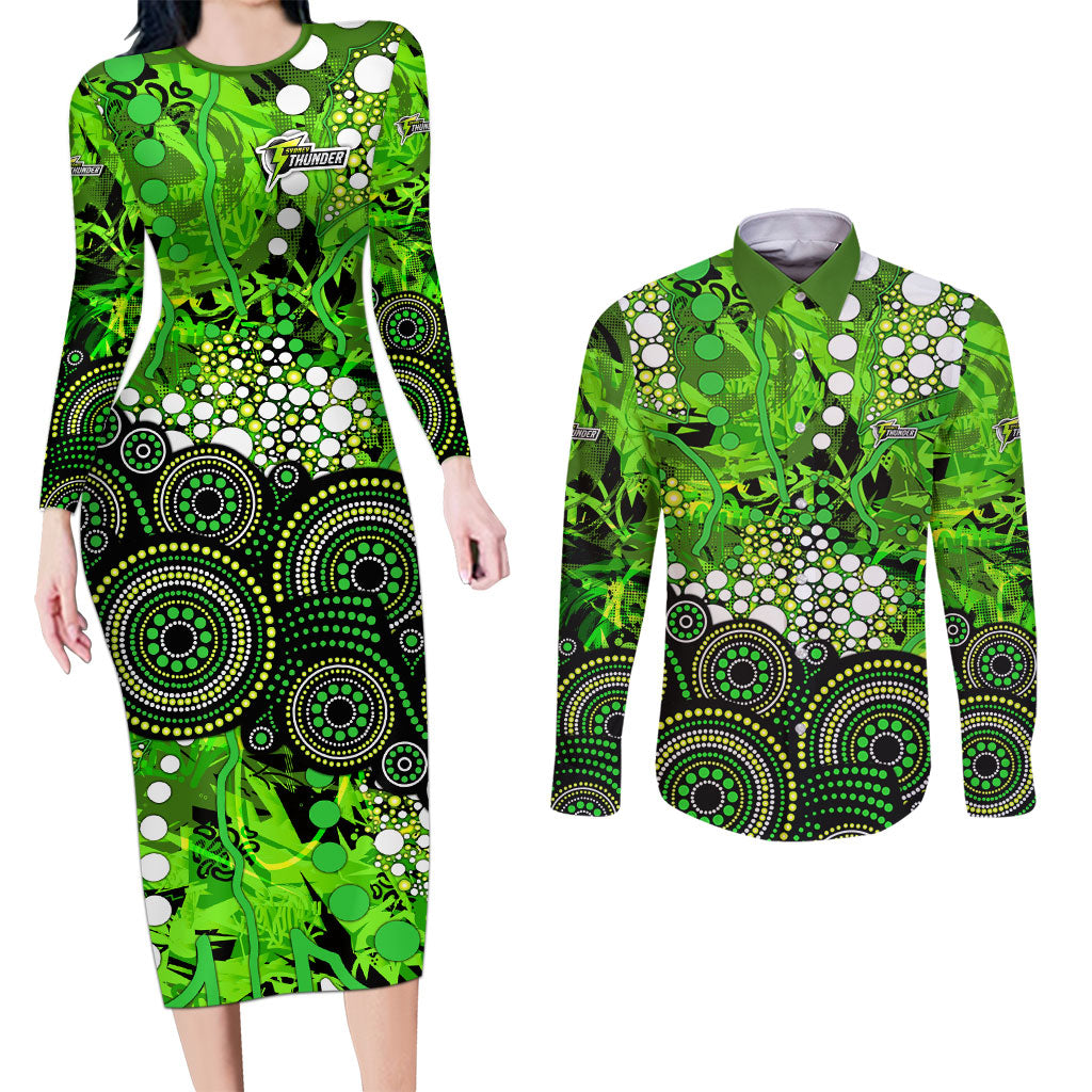 Sydney Thunder Couples Matching Long Sleeve Bodycon Dress and Long Sleeve Button Shirt Graffiti Urban Aboriginal Dot Abstract Design