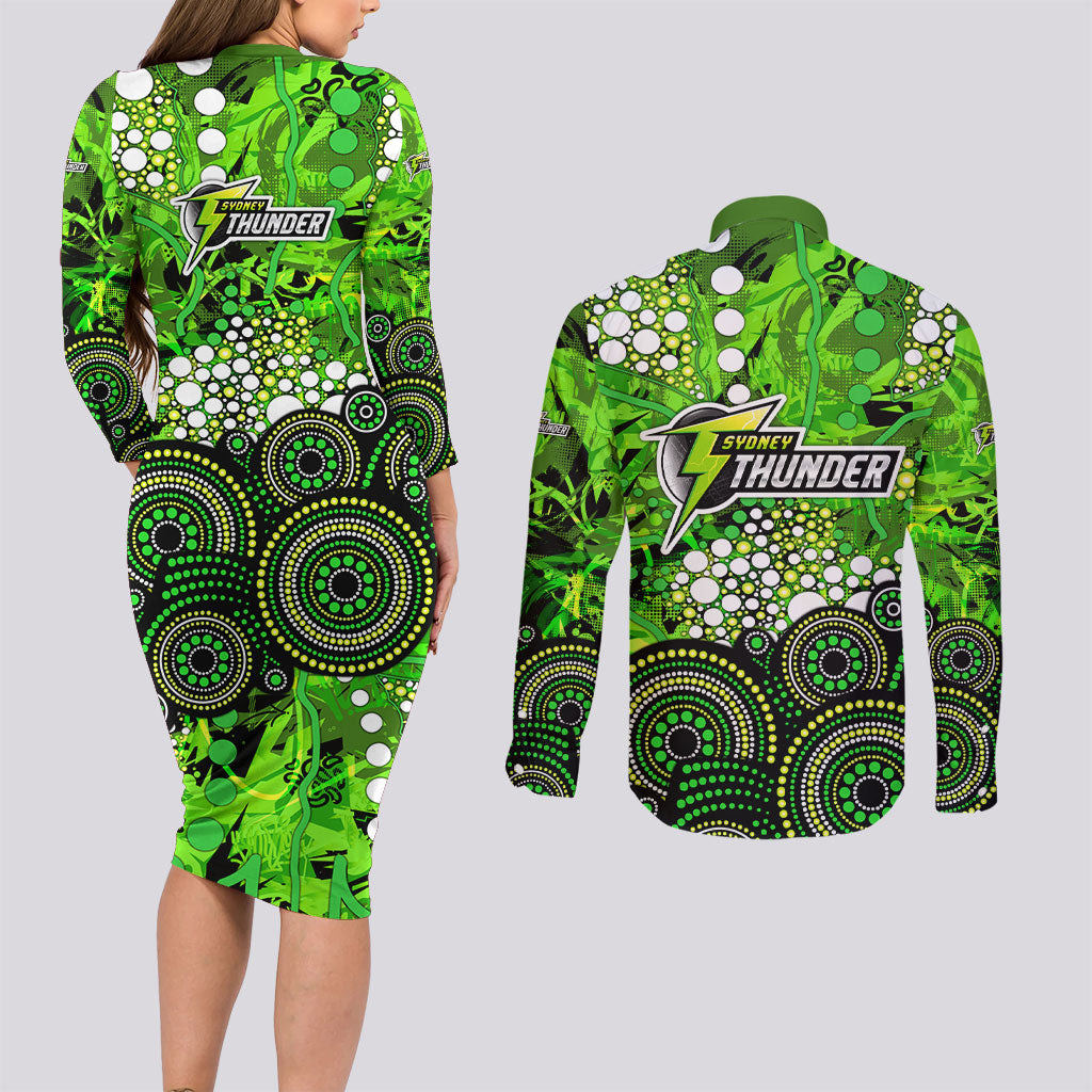 Sydney Thunder Couples Matching Long Sleeve Bodycon Dress and Long Sleeve Button Shirt Graffiti Urban Aboriginal Dot Abstract Design