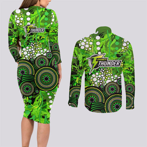 Sydney Thunder Couples Matching Long Sleeve Bodycon Dress and Long Sleeve Button Shirt Graffiti Urban Aboriginal Dot Abstract Design