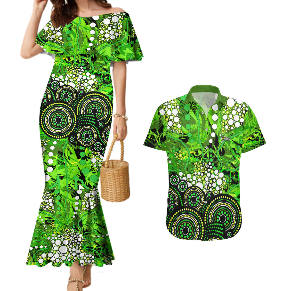 Sydney Thunder Couples Matching Mermaid Dress and Hawaiian Shirt Graffiti Urban Aboriginal Dot Abstract Design