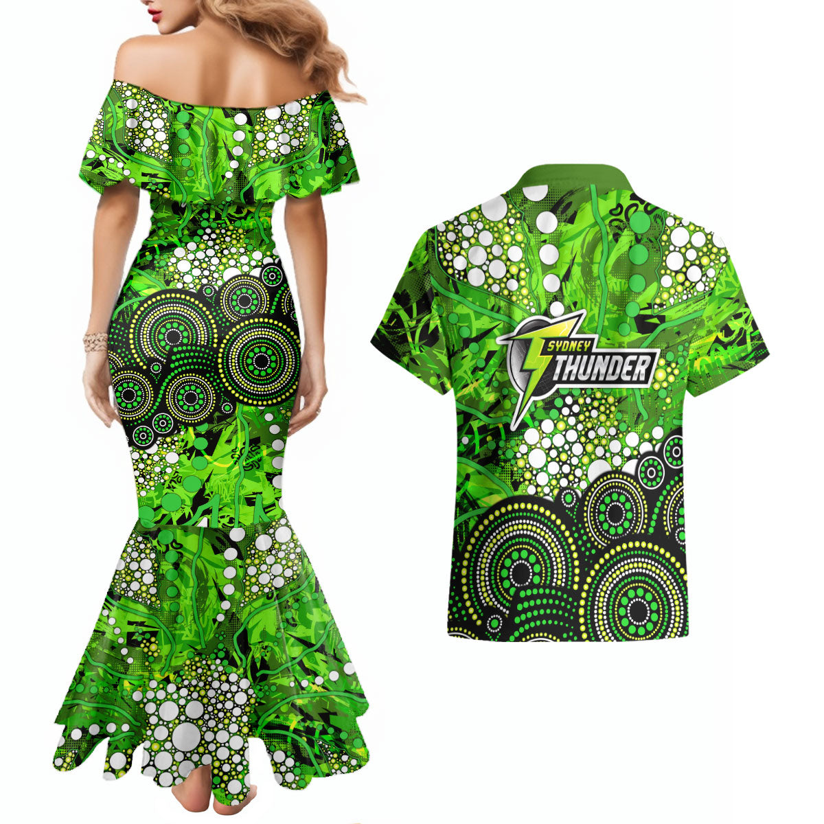 Sydney Thunder Couples Matching Mermaid Dress and Hawaiian Shirt Graffiti Urban Aboriginal Dot Abstract Design