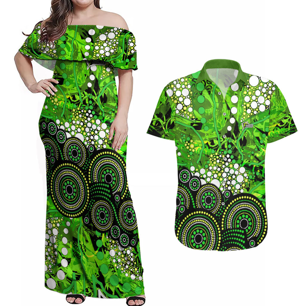 Sydney Thunder Couples Matching Off Shoulder Maxi Dress and Hawaiian Shirt Graffiti Urban Aboriginal Dot Abstract Design