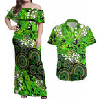 Sydney Thunder Couples Matching Off Shoulder Maxi Dress and Hawaiian Shirt Graffiti Urban Aboriginal Dot Abstract Design