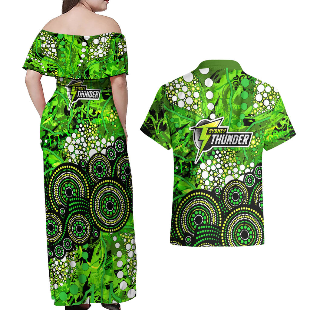 Sydney Thunder Couples Matching Off Shoulder Maxi Dress and Hawaiian Shirt Graffiti Urban Aboriginal Dot Abstract Design