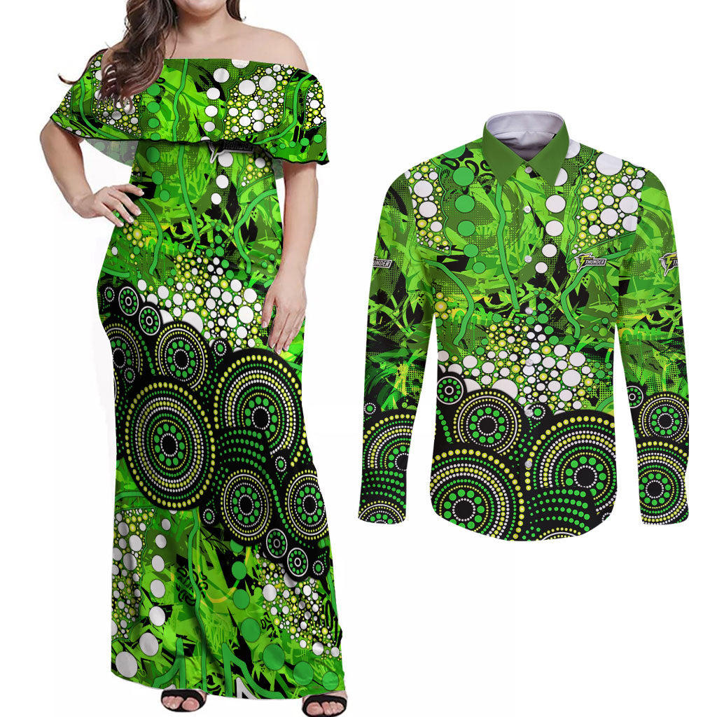 Sydney Thunder Couples Matching Off Shoulder Maxi Dress and Long Sleeve Button Shirt Graffiti Urban Aboriginal Dot Abstract Design