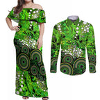 Sydney Thunder Couples Matching Off Shoulder Maxi Dress and Long Sleeve Button Shirt Graffiti Urban Aboriginal Dot Abstract Design