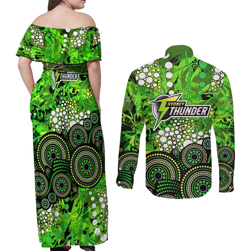 Sydney Thunder Couples Matching Off Shoulder Maxi Dress and Long Sleeve Button Shirt Graffiti Urban Aboriginal Dot Abstract Design