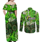 Sydney Thunder Couples Matching Off Shoulder Maxi Dress and Long Sleeve Button Shirt Graffiti Urban Aboriginal Dot Abstract Design