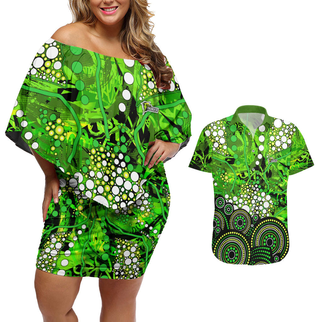 Sydney Thunder Couples Matching Off Shoulder Short Dress and Hawaiian Shirt Graffiti Urban Aboriginal Dot Abstract Design