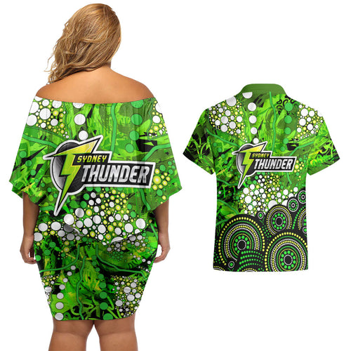 Sydney Thunder Couples Matching Off Shoulder Short Dress and Hawaiian Shirt Graffiti Urban Aboriginal Dot Abstract Design