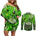 Sydney Thunder Couples Matching Off Shoulder Short Dress and Long Sleeve Button Shirt Graffiti Urban Aboriginal Dot Abstract Design