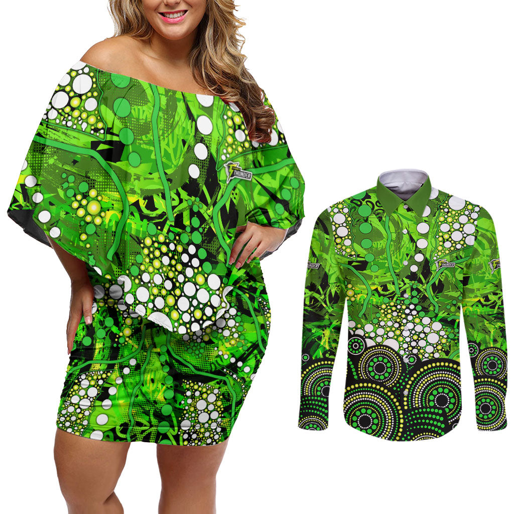 Sydney Thunder Couples Matching Off Shoulder Short Dress and Long Sleeve Button Shirt Graffiti Urban Aboriginal Dot Abstract Design