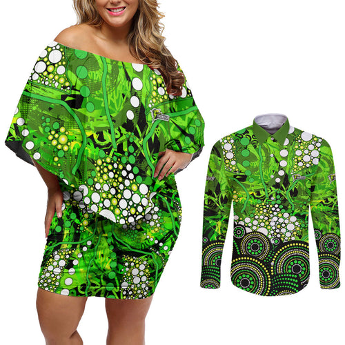 Sydney Thunder Couples Matching Off Shoulder Short Dress and Long Sleeve Button Shirt Graffiti Urban Aboriginal Dot Abstract Design