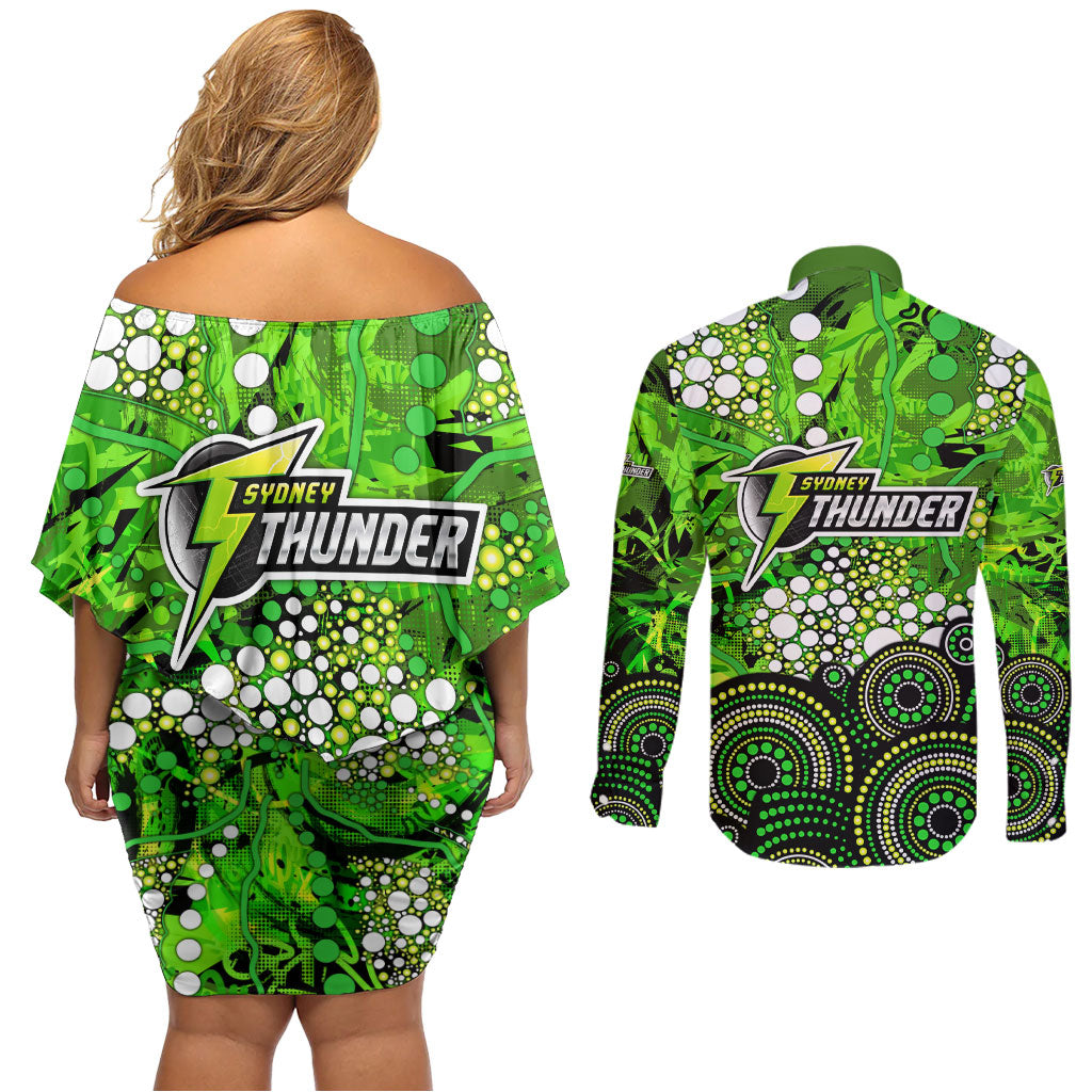 Sydney Thunder Couples Matching Off Shoulder Short Dress and Long Sleeve Button Shirt Graffiti Urban Aboriginal Dot Abstract Design