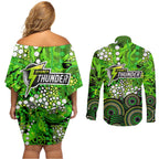 Sydney Thunder Couples Matching Off Shoulder Short Dress and Long Sleeve Button Shirt Graffiti Urban Aboriginal Dot Abstract Design
