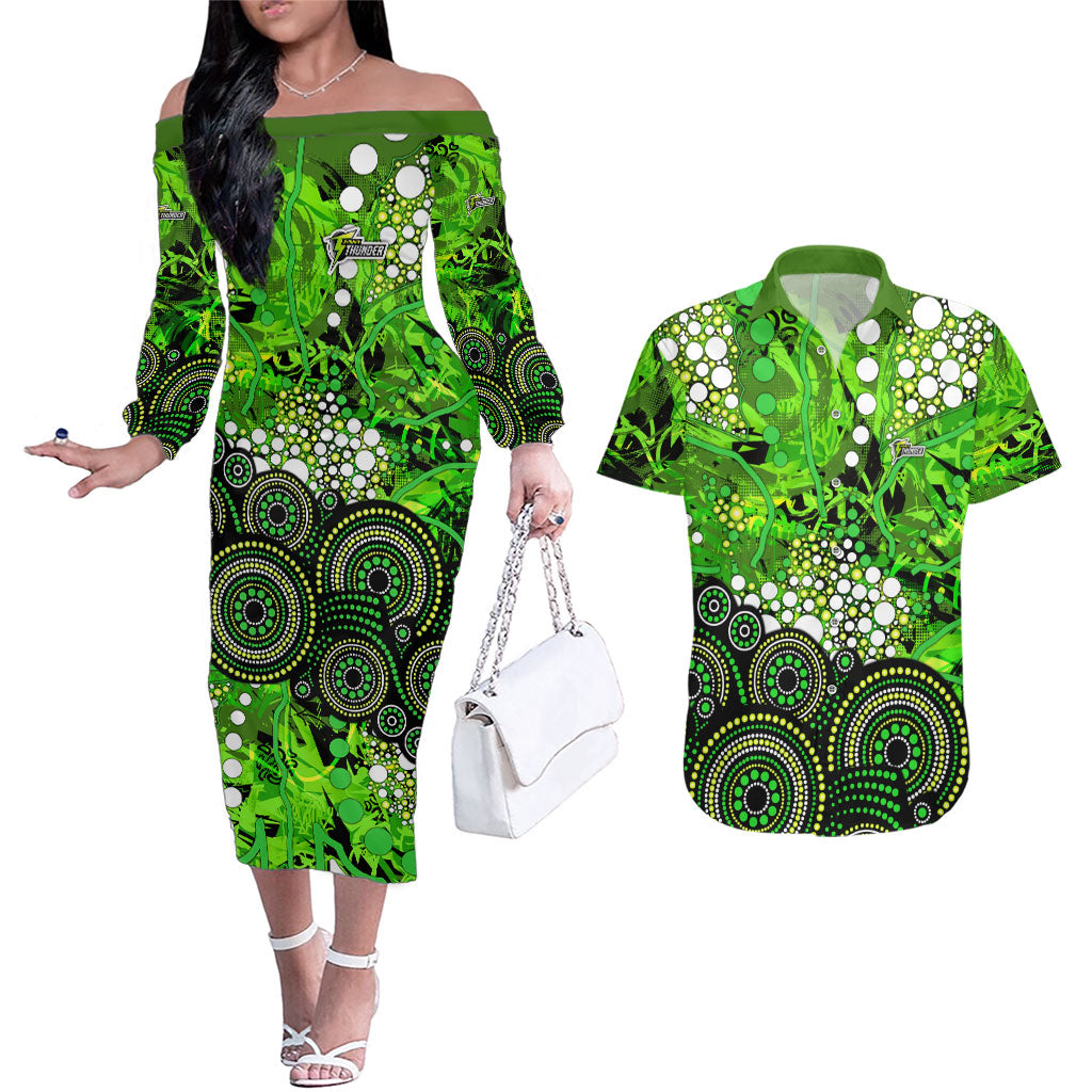 Sydney Thunder Couples Matching Off The Shoulder Long Sleeve Dress and Hawaiian Shirt Graffiti Urban Aboriginal Dot Abstract Design