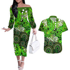 Sydney Thunder Couples Matching Off The Shoulder Long Sleeve Dress and Hawaiian Shirt Graffiti Urban Aboriginal Dot Abstract Design