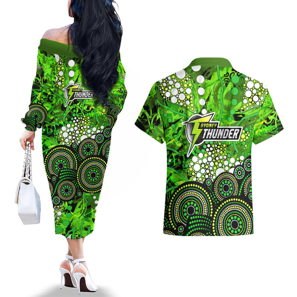 Sydney Thunder Couples Matching Off The Shoulder Long Sleeve Dress and Hawaiian Shirt Graffiti Urban Aboriginal Dot Abstract Design