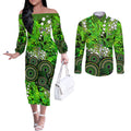 Sydney Thunder Couples Matching Off The Shoulder Long Sleeve Dress and Long Sleeve Button Shirt Graffiti Urban Aboriginal Dot Abstract Design