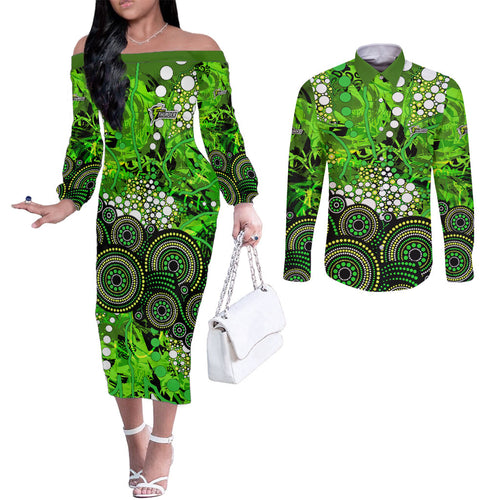 Sydney Thunder Couples Matching Off The Shoulder Long Sleeve Dress and Long Sleeve Button Shirt Graffiti Urban Aboriginal Dot Abstract Design