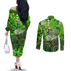 Sydney Thunder Couples Matching Off The Shoulder Long Sleeve Dress and Long Sleeve Button Shirt Graffiti Urban Aboriginal Dot Abstract Design