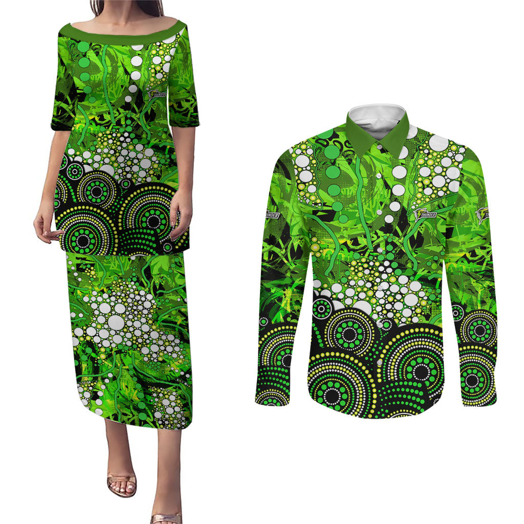 Sydney Thunder Couples Matching Puletasi and Long Sleeve Button Shirt Graffiti Urban Aboriginal Dot Abstract Design