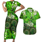 Sydney Thunder Couples Matching Short Sleeve Bodycon Dress and Hawaiian Shirt Graffiti Urban Aboriginal Dot Abstract Design