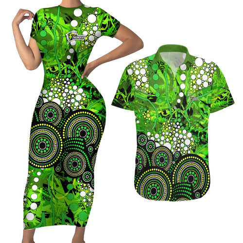 Sydney Thunder Couples Matching Short Sleeve Bodycon Dress and Hawaiian Shirt Graffiti Urban Aboriginal Dot Abstract Design