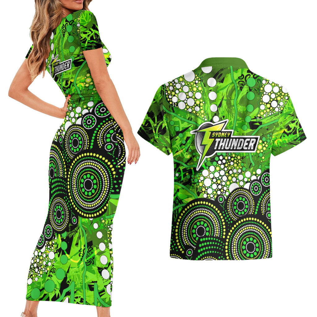 Sydney Thunder Couples Matching Short Sleeve Bodycon Dress and Hawaiian Shirt Graffiti Urban Aboriginal Dot Abstract Design