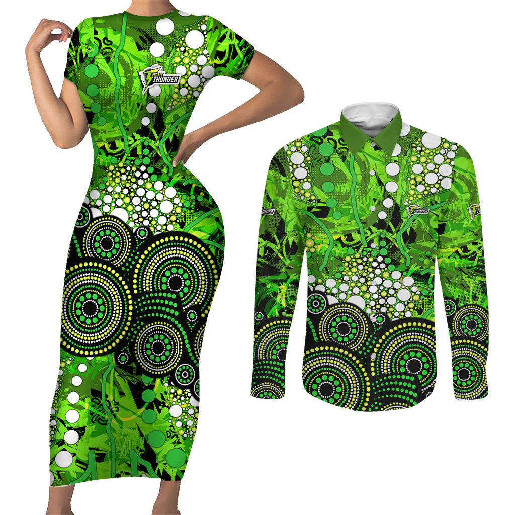 Sydney Thunder Couples Matching Short Sleeve Bodycon Dress and Long Sleeve Button Shirt Graffiti Urban Aboriginal Dot Abstract Design
