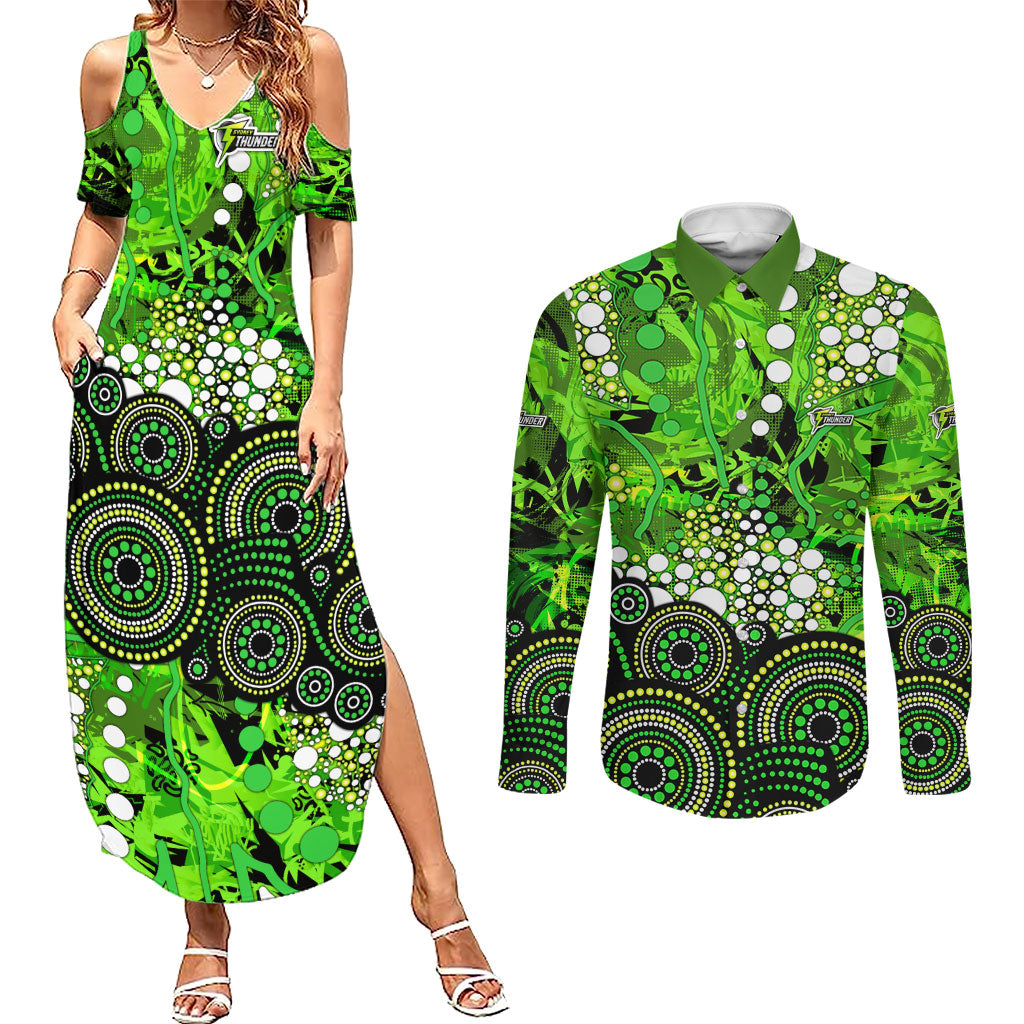 Sydney Thunder Couples Matching Summer Maxi Dress and Long Sleeve Button Shirt Graffiti Urban Aboriginal Dot Abstract Design