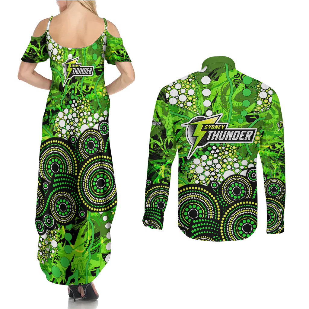 Sydney Thunder Couples Matching Summer Maxi Dress and Long Sleeve Button Shirt Graffiti Urban Aboriginal Dot Abstract Design