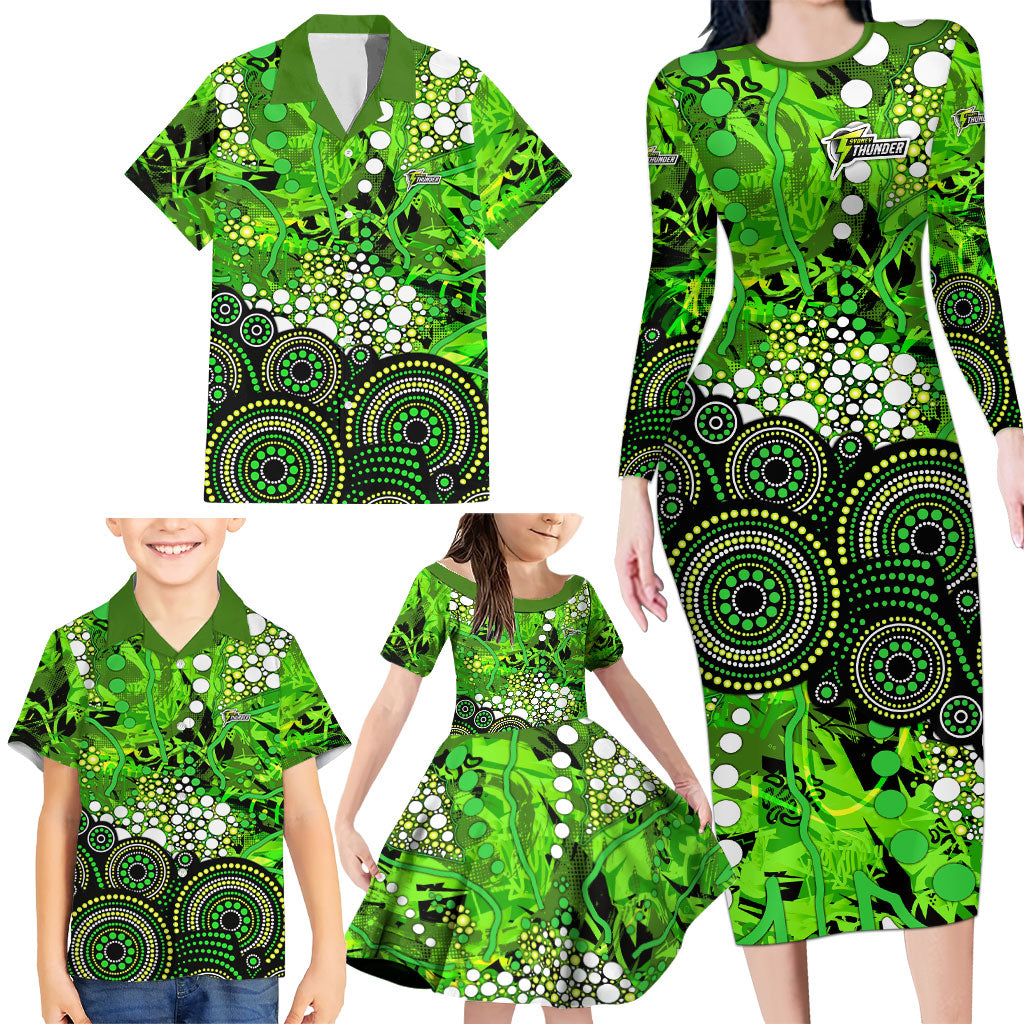 Sydney Thunder Family Matching Long Sleeve Bodycon Dress and Hawaiian Shirt Graffiti Urban Aboriginal Dot Abstract Design