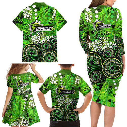 Sydney Thunder Family Matching Long Sleeve Bodycon Dress and Hawaiian Shirt Graffiti Urban Aboriginal Dot Abstract Design