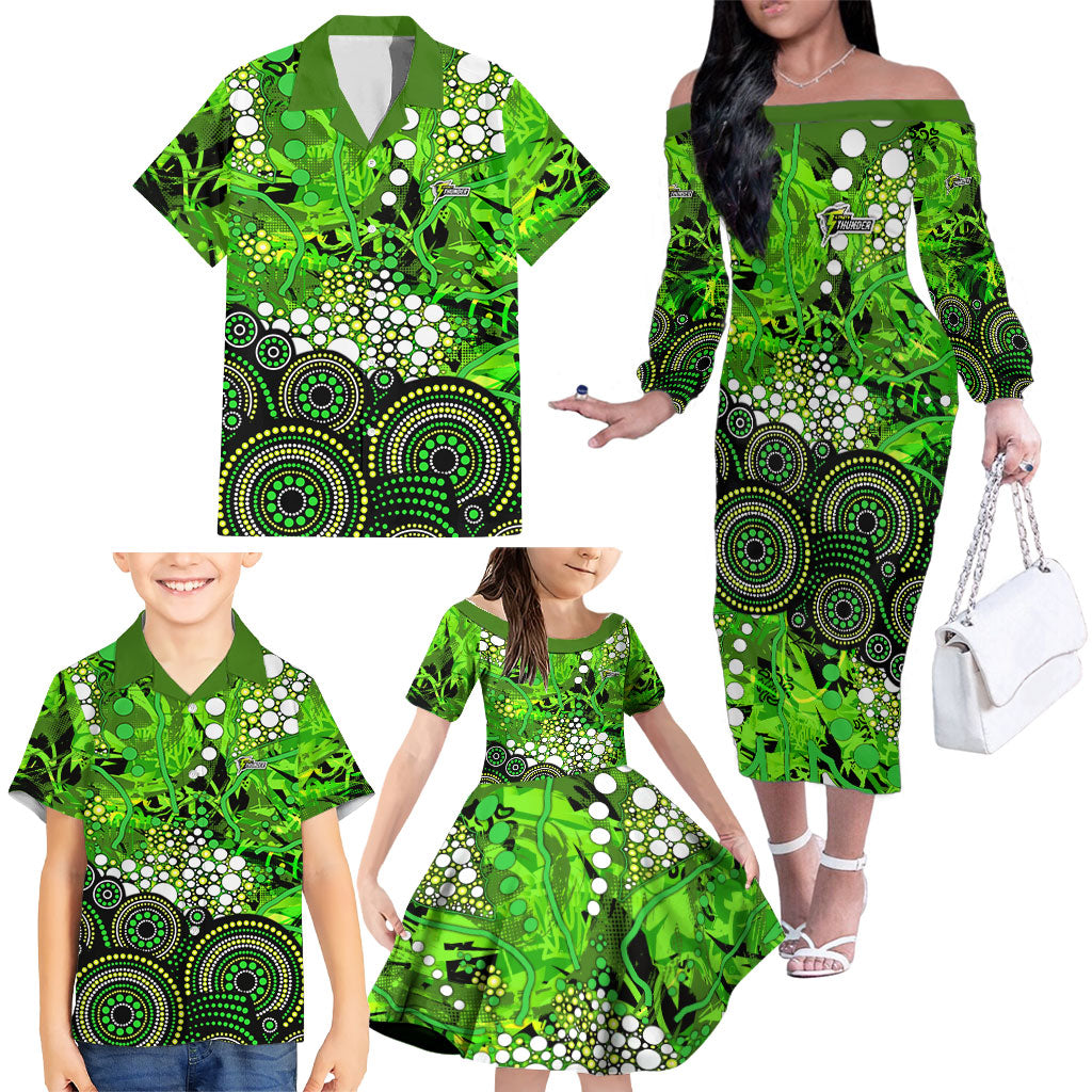 Sydney Thunder Family Matching Off The Shoulder Long Sleeve Dress and Hawaiian Shirt Graffiti Urban Aboriginal Dot Abstract Design