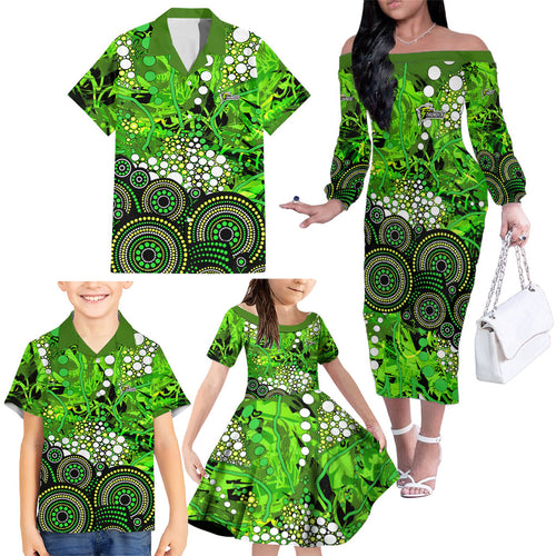 Sydney Thunder Family Matching Off The Shoulder Long Sleeve Dress and Hawaiian Shirt Graffiti Urban Aboriginal Dot Abstract Design