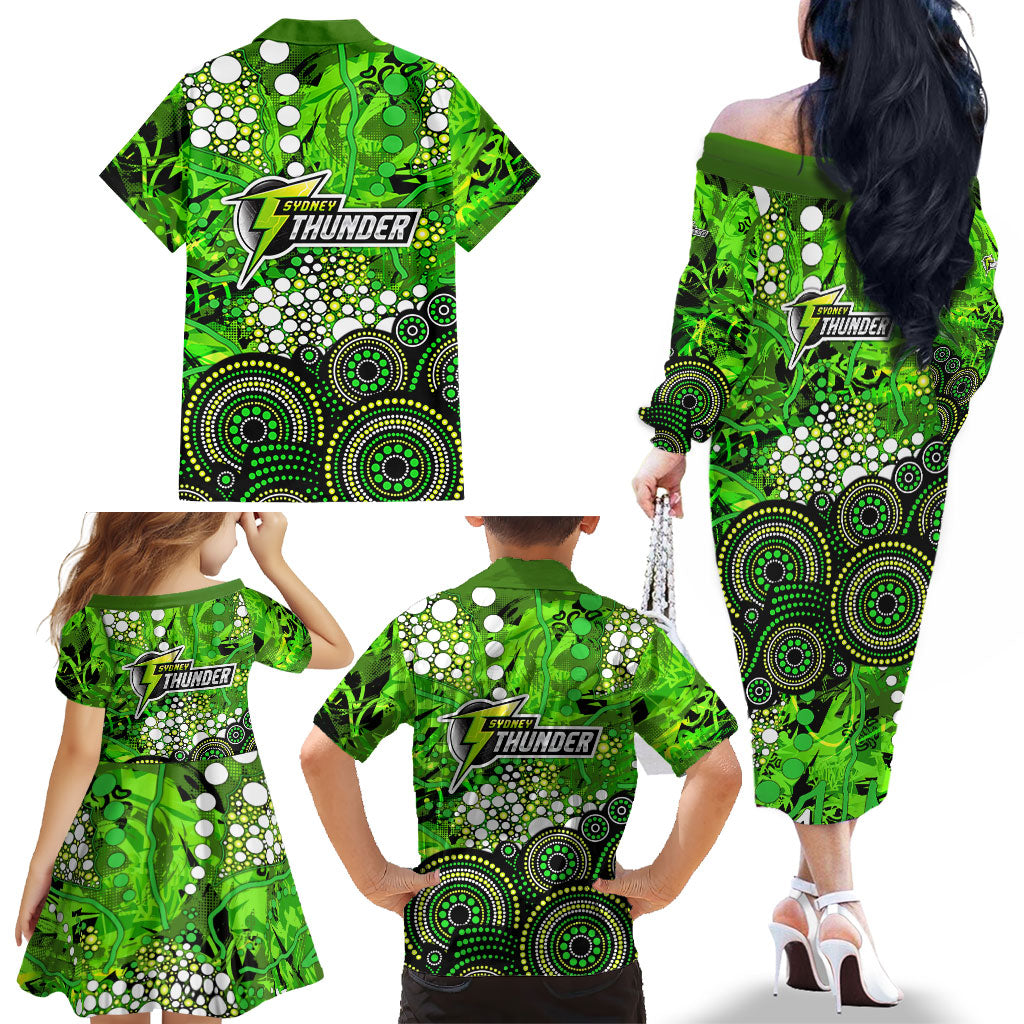 Sydney Thunder Family Matching Off The Shoulder Long Sleeve Dress and Hawaiian Shirt Graffiti Urban Aboriginal Dot Abstract Design