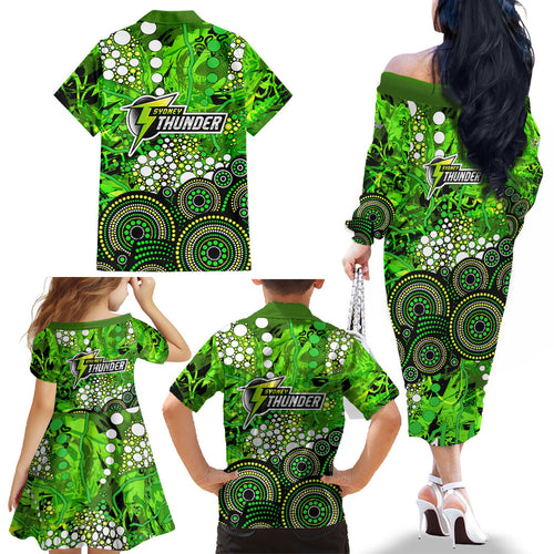 Sydney Thunder Family Matching Off The Shoulder Long Sleeve Dress and Hawaiian Shirt Graffiti Urban Aboriginal Dot Abstract Design