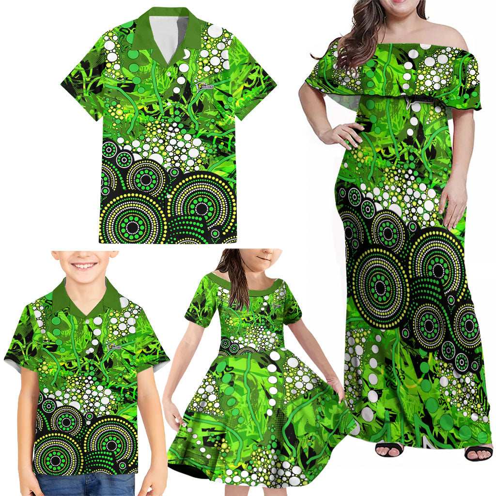 Sydney Thunder Family Matching Off Shoulder Maxi Dress and Hawaiian Shirt Graffiti Urban Aboriginal Dot Abstract Design