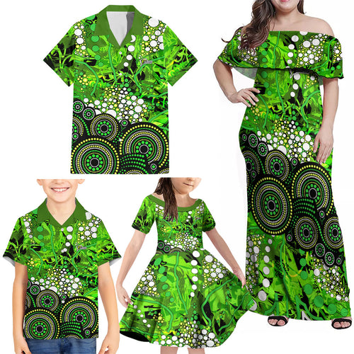Sydney Thunder Family Matching Off Shoulder Maxi Dress and Hawaiian Shirt Graffiti Urban Aboriginal Dot Abstract Design