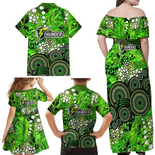 Sydney Thunder Family Matching Off Shoulder Maxi Dress and Hawaiian Shirt Graffiti Urban Aboriginal Dot Abstract Design