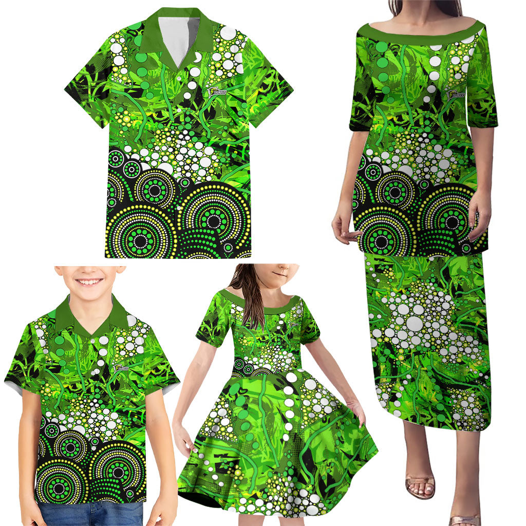 Sydney Thunder Family Matching Puletasi and Hawaiian Shirt Graffiti Urban Aboriginal Dot Abstract Design